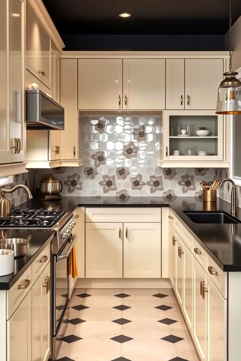 Retro Modern Fusion - 24 kitchen with dark countertops and light cabinets