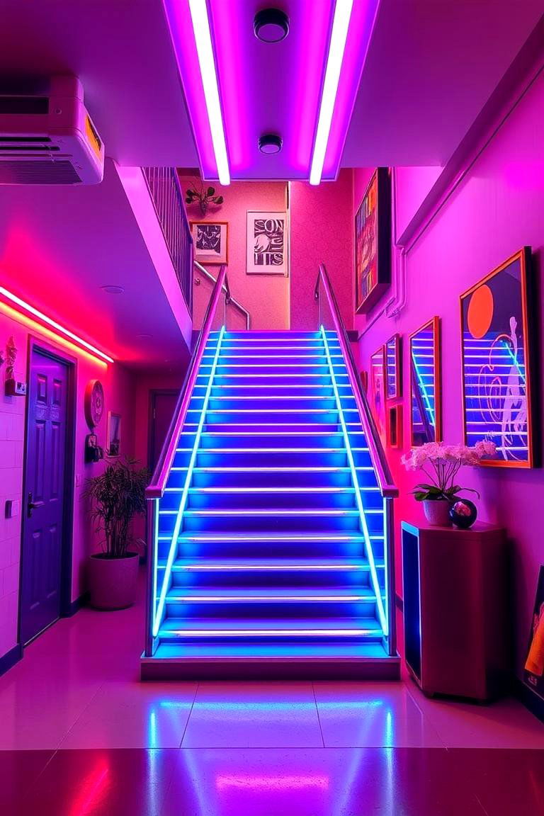 Retro Neon Staircase Lighting - 24 Staircase Lighting Ideas