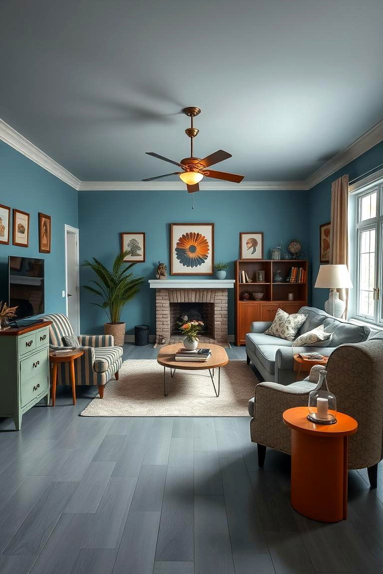 Retro Revival Charm - 24 grey floor living room with blue walls ideas