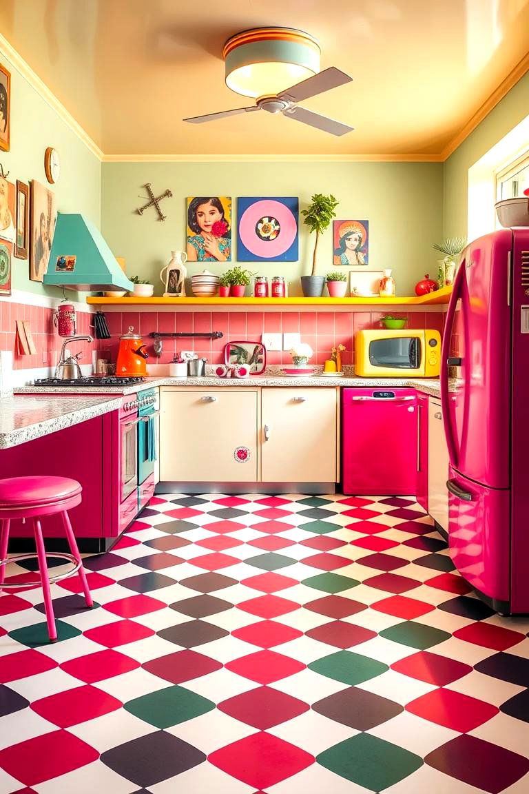 Retro Revival with Bold Hues - 24 Kitchens With Checkered Floors