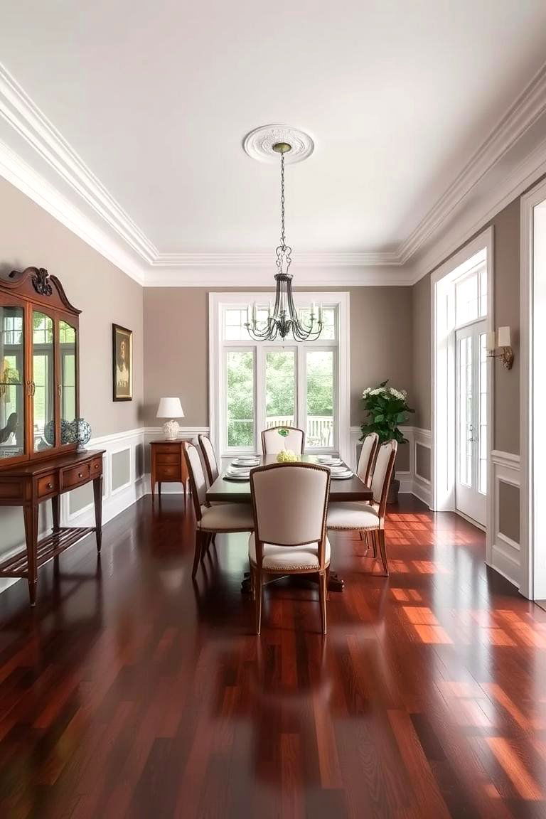 Rich Dark Wood Floors with White Trim - 24 Formal Dining Room Ideas