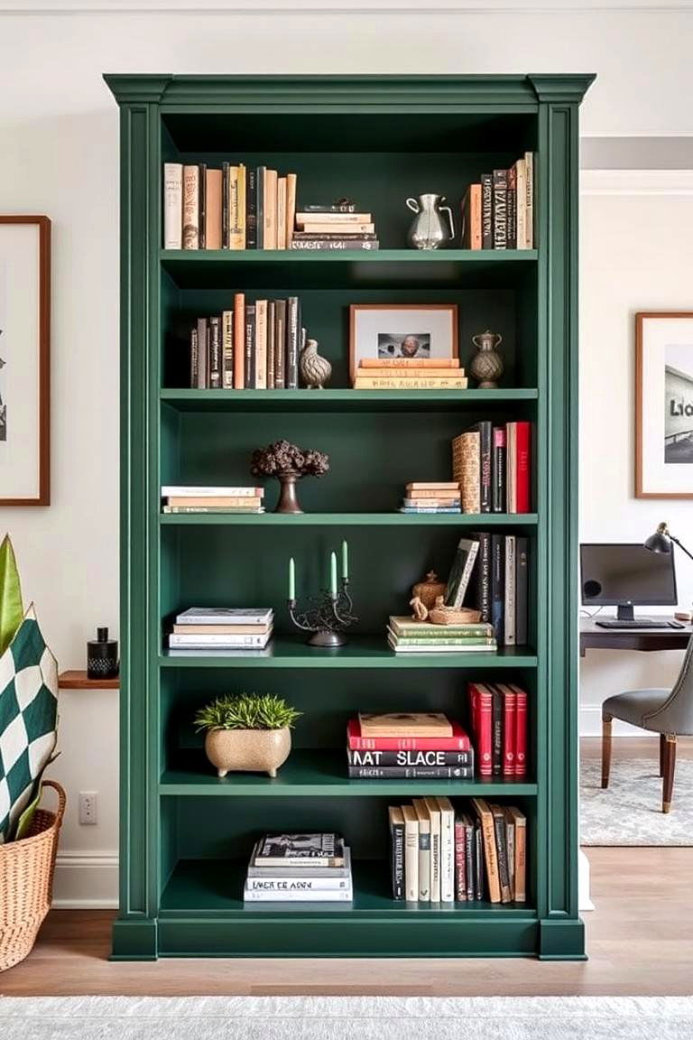 Rich Green Bookcase Brilliance - 24 Dark Green Office Ideas and Inspiration