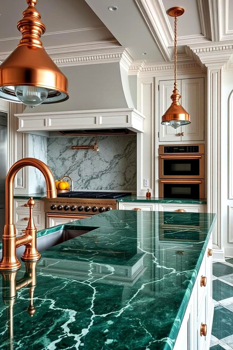 Rich Green Marble Countertops with Copper Fixtures - 24 Green and Copper Kitchen Ideas