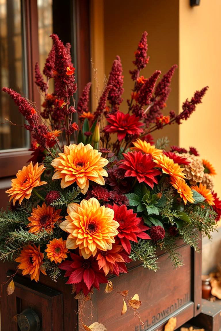 Rich Ochre and Red Palette - 24 Fall Flower Box Ideas
