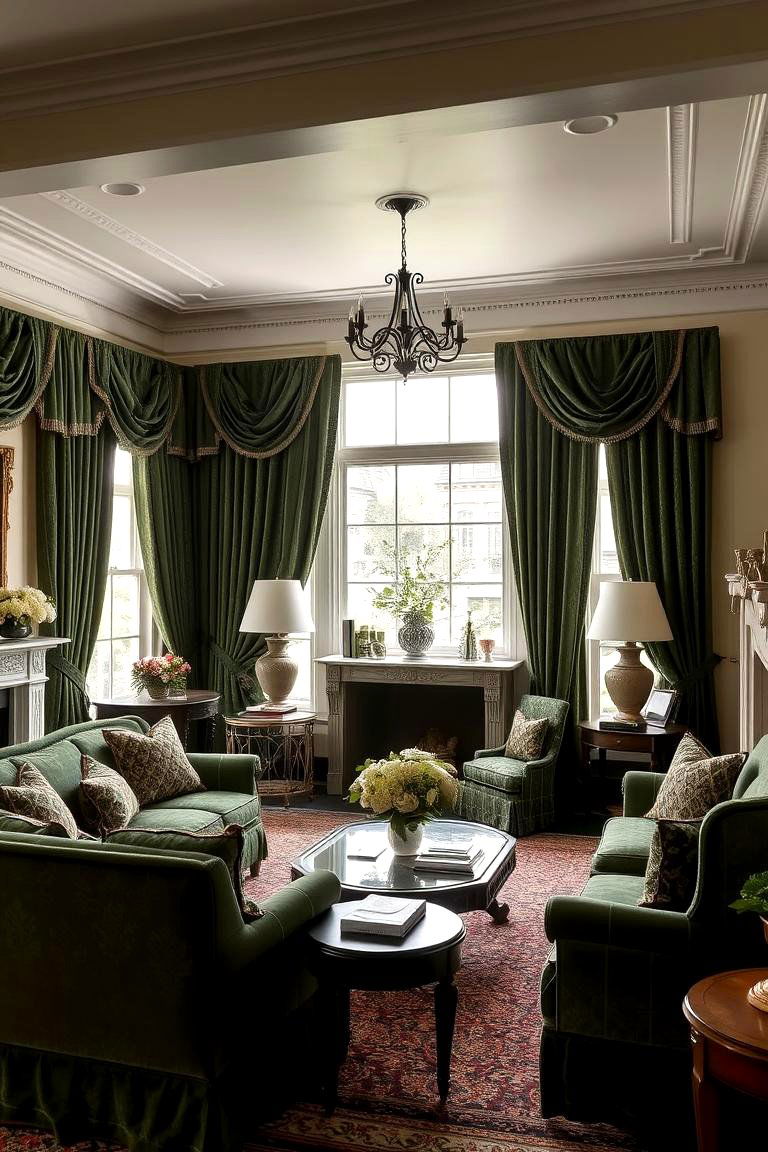 Richly Textured Dark Green Fabrics - 24 Victorian Dark Green Living Room Ideas