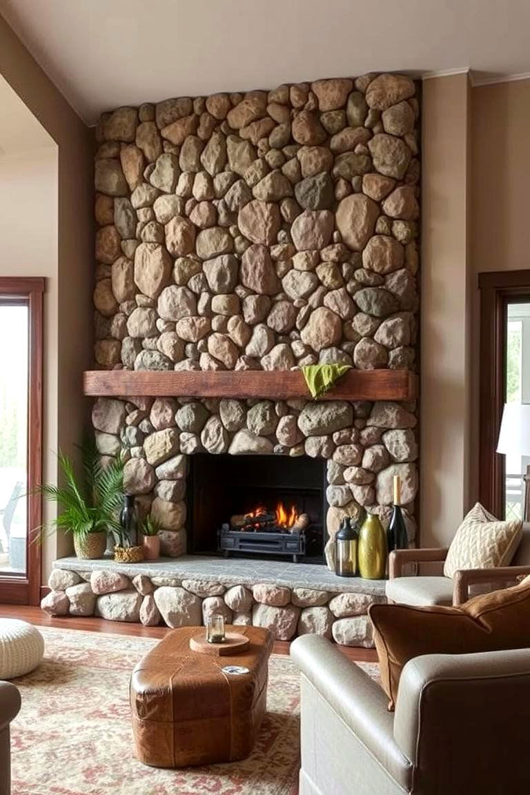River Rock Stone Fireplace for a Natural Touch - 24 Floor-to-Ceiling Stone Fireplace Ideas