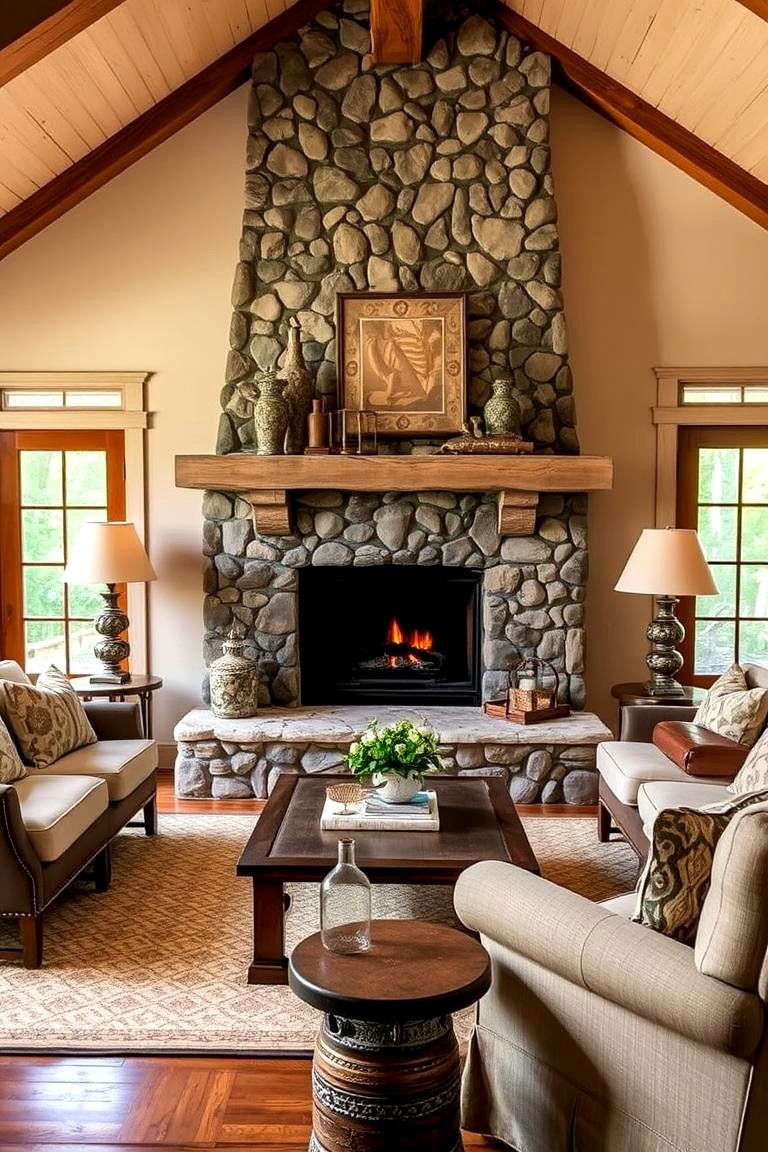 River Stone Fireplace for a Cottage Style Home - 24 Floor-to-Ceiling Stone Fireplace Ideas