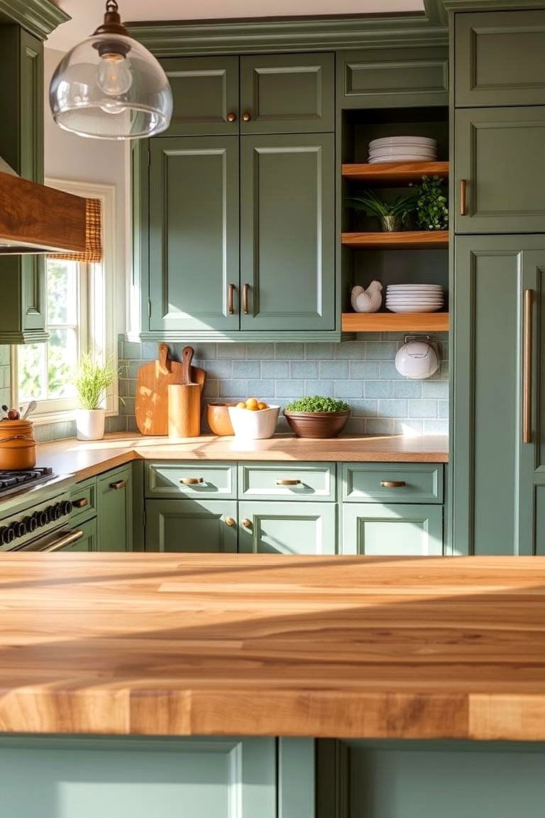 Robust Butcher Block Countertops - 24 Sage Green Kitchen Cabinets With Butcher Block Countertops