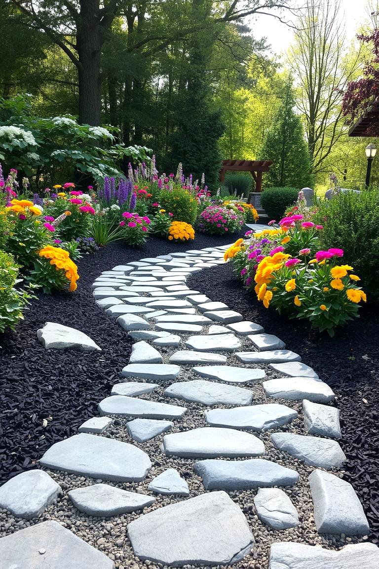 Rock Pathways with Mulch Edging - 24 Front Yard Landscaping Ideas With Rocks and Mulch