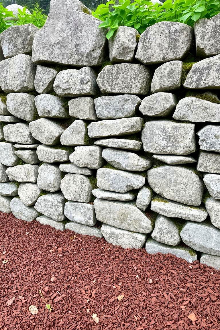 Rock Wall with Mulch Ground Cover - 24 Front Yard Landscaping Ideas With Rocks and Mulch