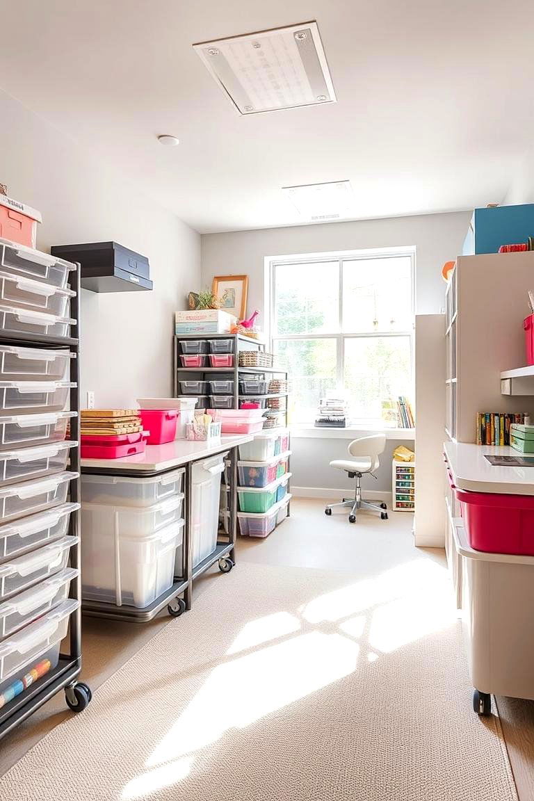 Rolling Storage Bins for Flexibility - 24 Craft Room Organization Ideas