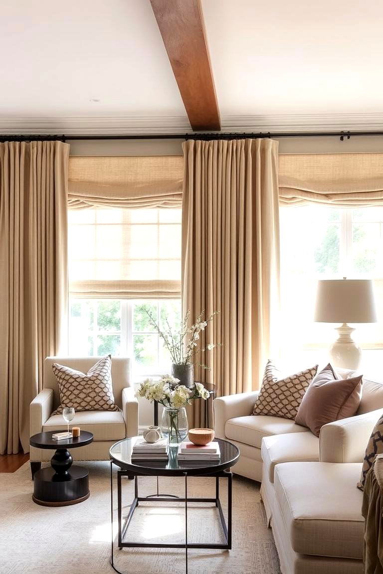 Roman Shades with Drapes for a Layered Look - 24 Living Room Curtain Ideas