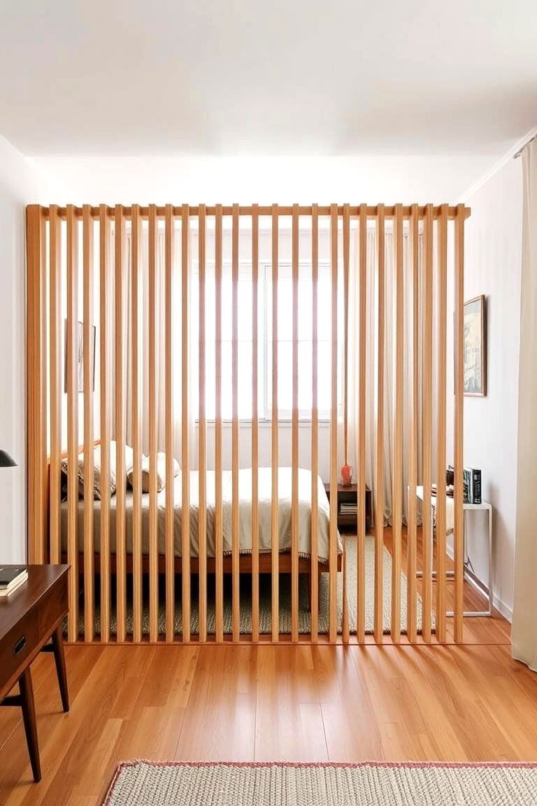 Room Divider with Slatted Wood - 24 Midcentury Modern Bedroom Decorating Ideas