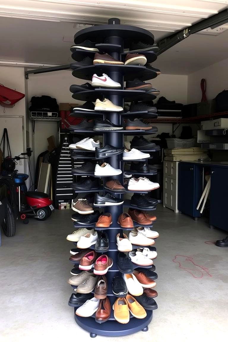 Rotating Shoe Tower - 24 Garage Shoe Storage Ideas