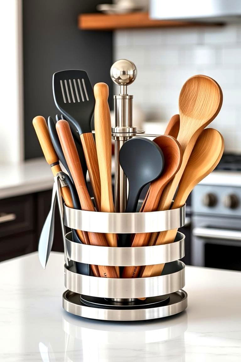 Rotating Utensil Holder with Stylish Tools - 24 kitchen island decor ideas