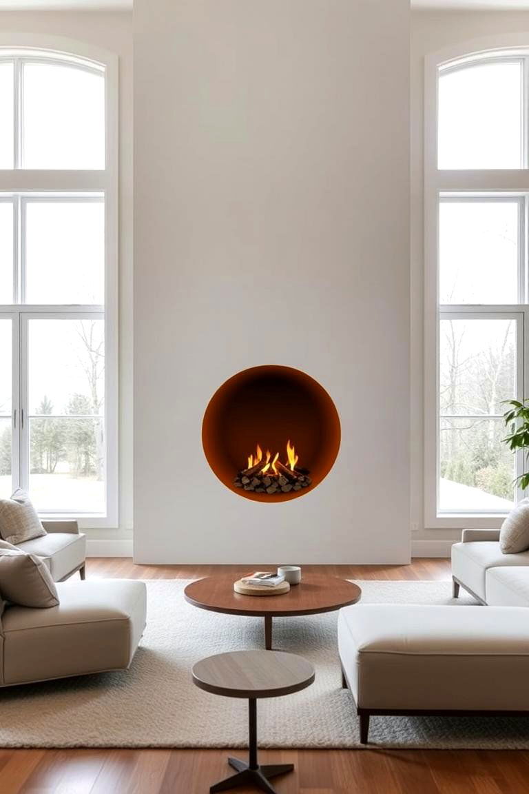 Round Fireplace Between Windows - 24 Fireplace Between Windows Ideas