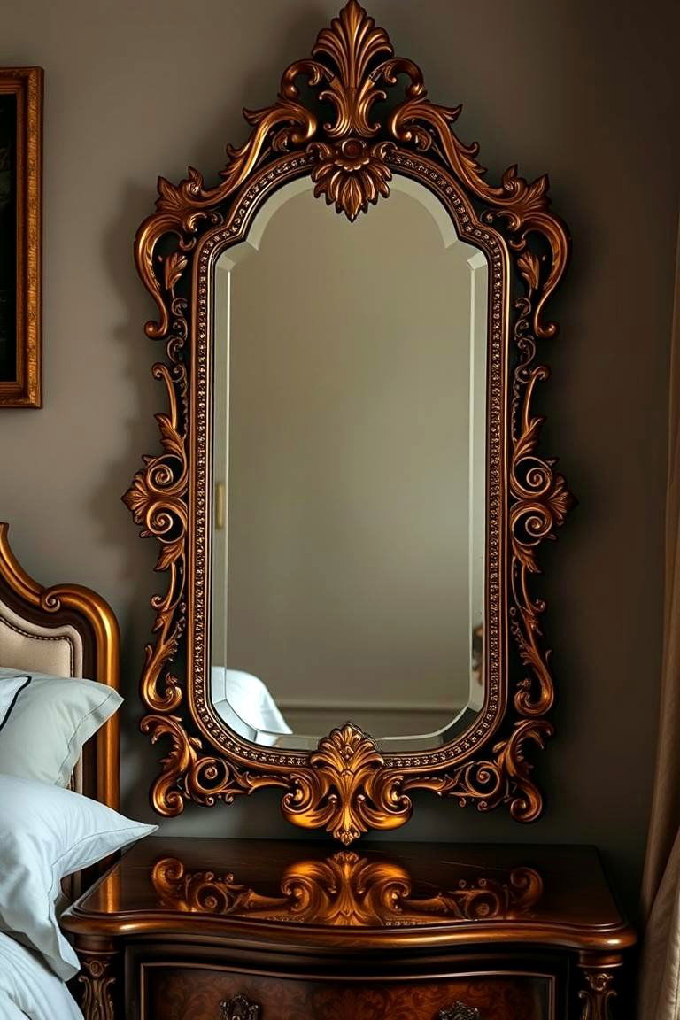 Round Mirror with a Wooden Nightstand - 24 Mirror Behind Nightstand Design Ideas