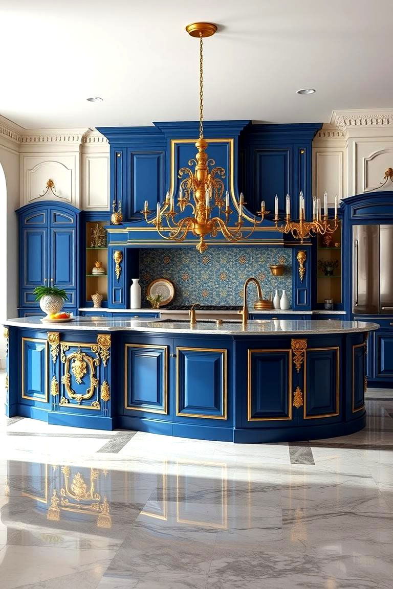 Royal Blue and Gold Accented Island - 24 Blue Kitchen Island Ideas
