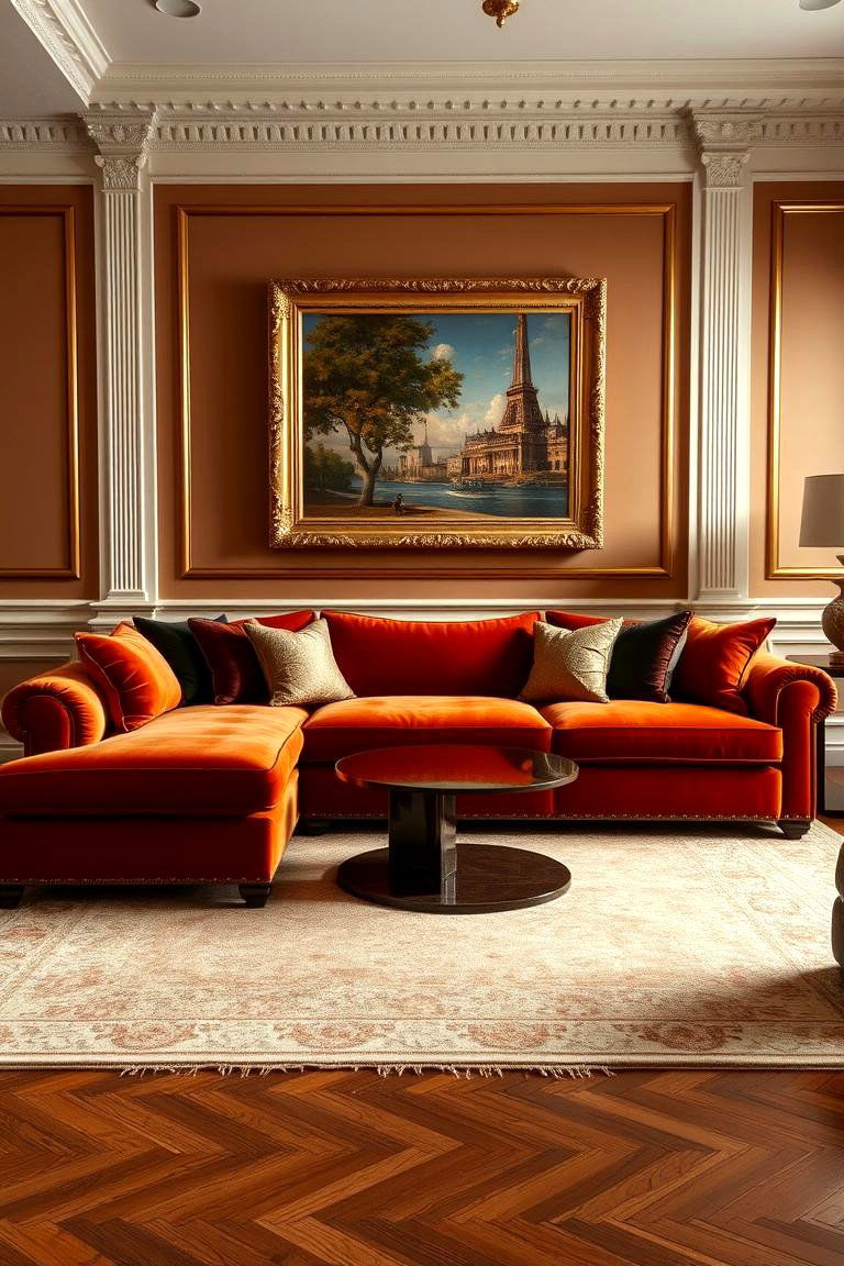 Rust Orange Velvet Sofa - 24 Orange Room Ideas