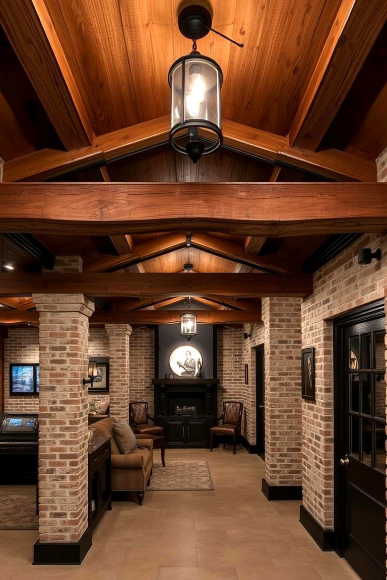 Rustic Beam and Wrought Iron Accents - 24 Exposed Basement Ceiling Ideas