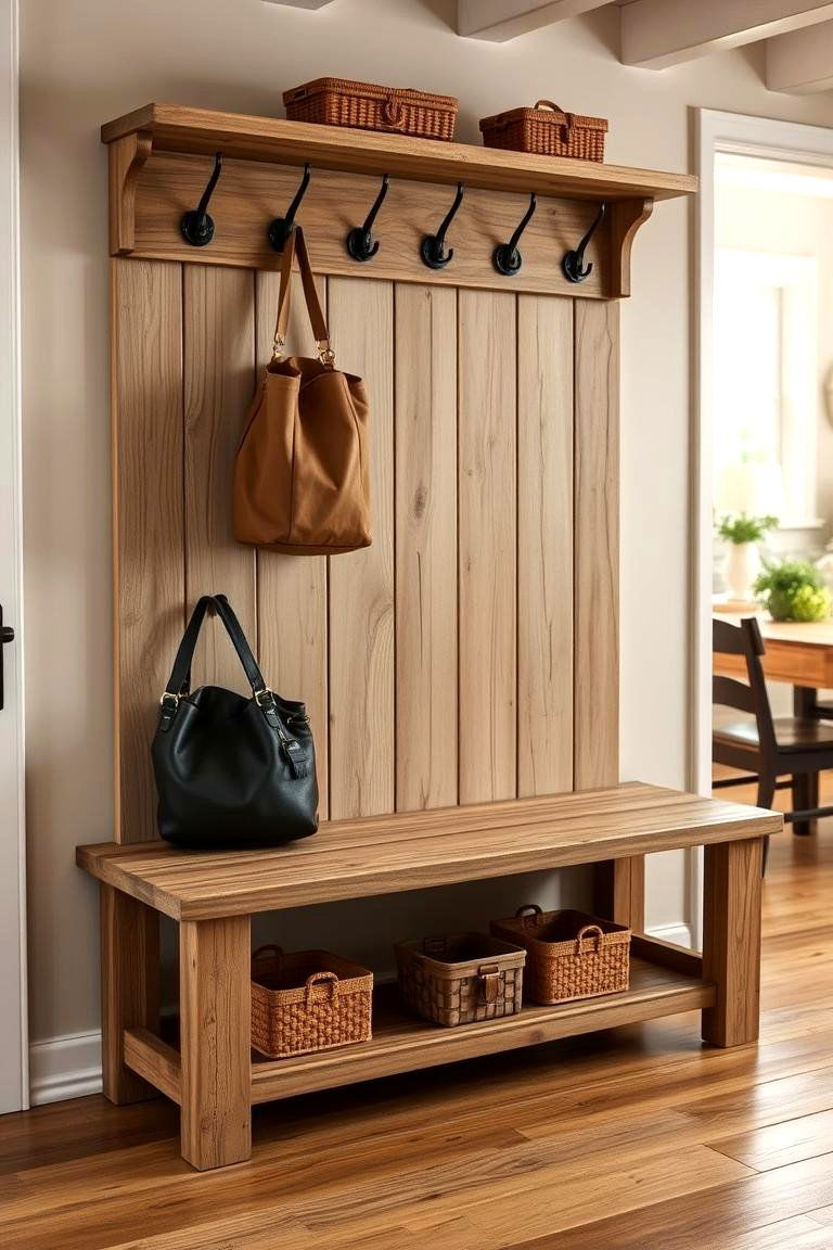 Rustic Bench and Hooks for a Cozy Look - 24 Farmhouse Mudroom Ideas