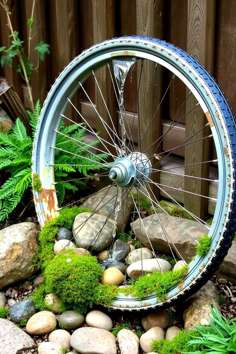 Rustic Bike Wheel Fountain - 24 Old Bicycle Garden Ideas