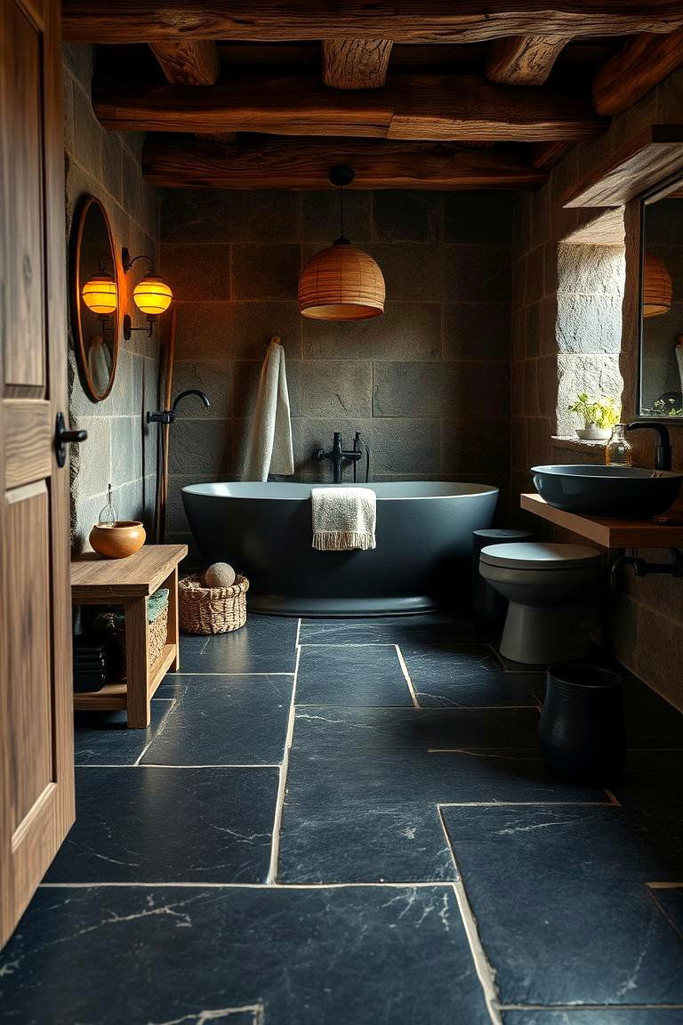Rustic Black Slate Inspiration - 24 Black Floor Bathroom Ideas