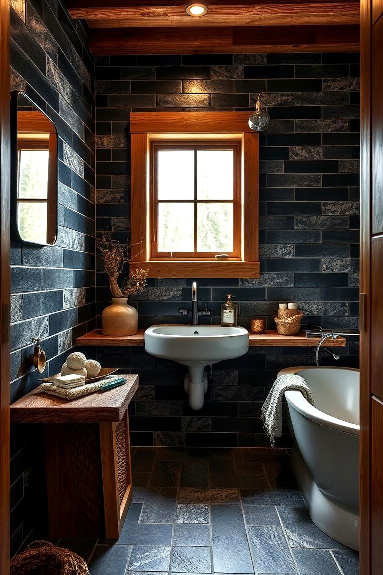 Rustic Black Tile Accents - 24 Black Tile Bathroom Ideas