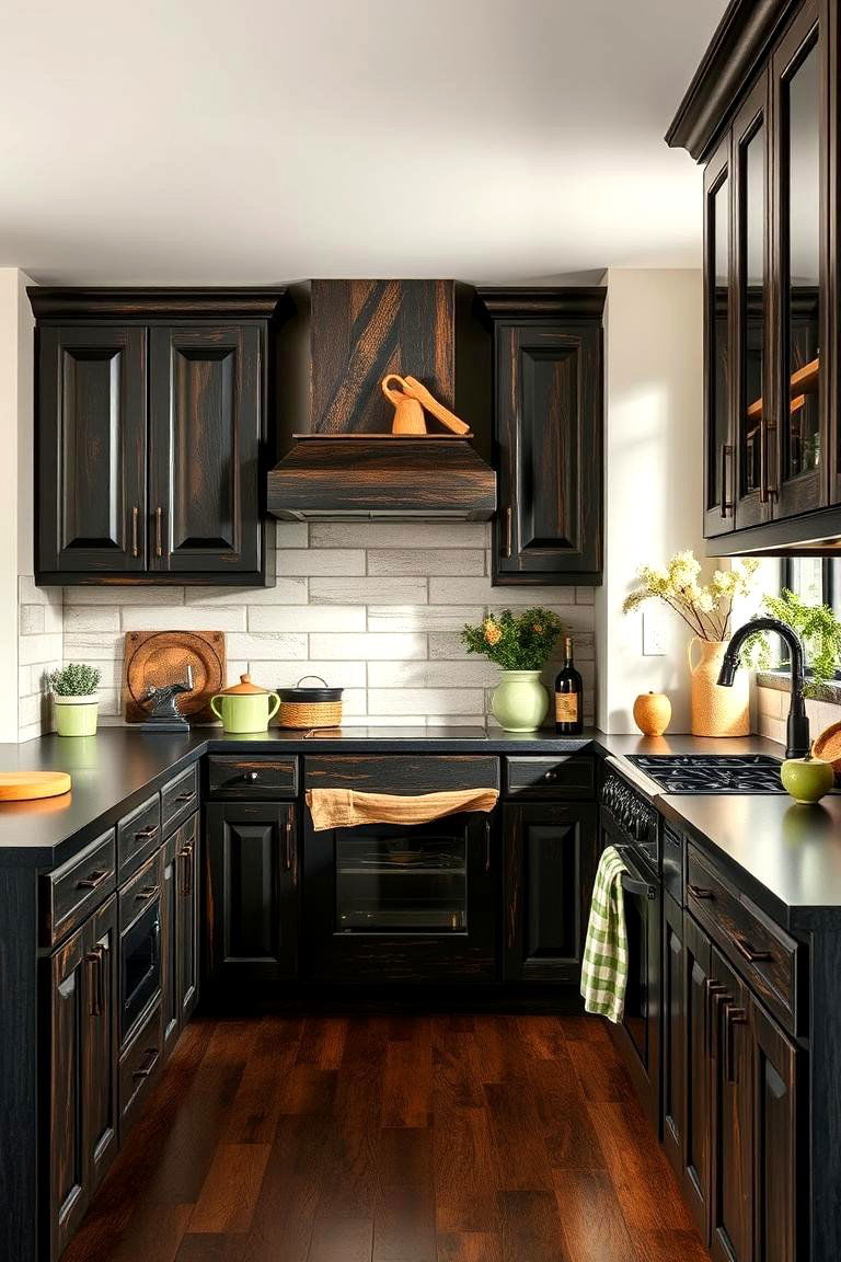 Rustic Black Wood Cabinets with Green Accents - 24 Black and Green Kitchen Ideas