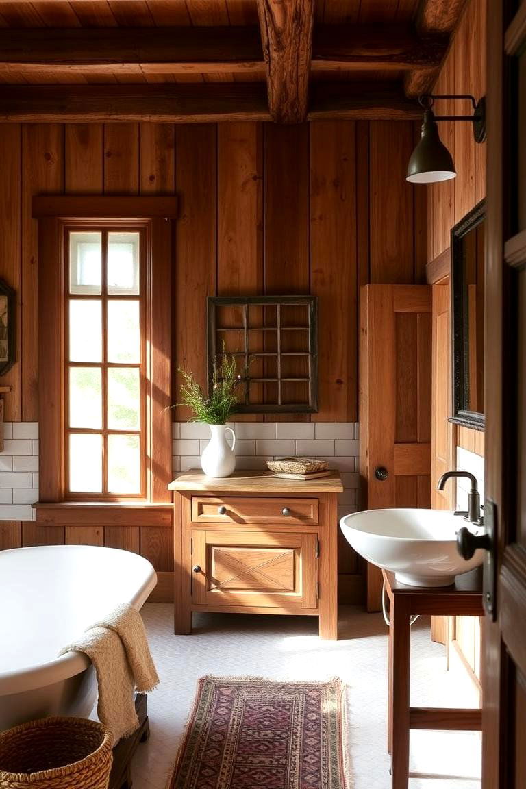 Rustic Brown Vanity with White Subway Tiles - 24 Brown and White Bathroom Ideas