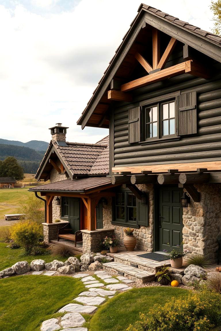 Rustic Charm with Dark Olive Facade - 24 Dark Olive Green House Designs