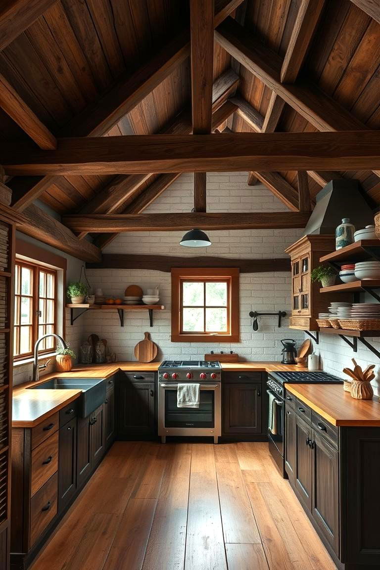 Rustic Charm with Exposed Wooden Beams - 24 Sloped Ceiling Kitchen Ideas