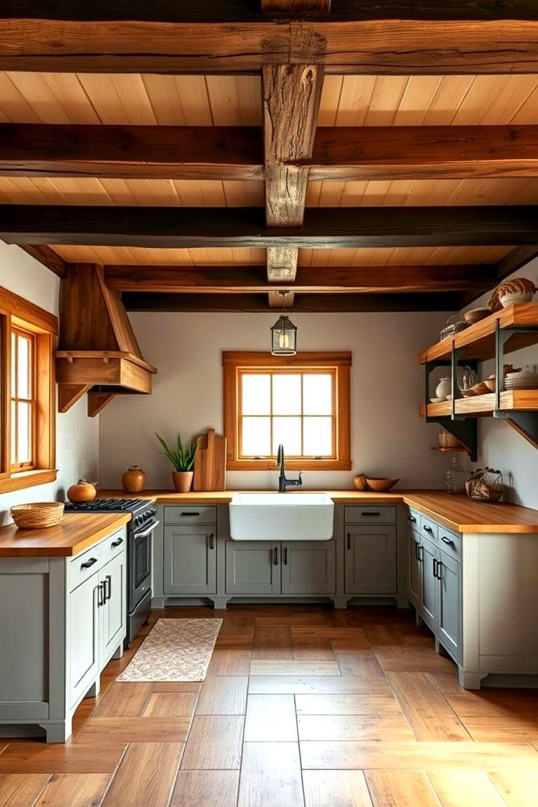 Rustic Charm with Exposed Wooden Beams - 24 l shaped kitchen ideas