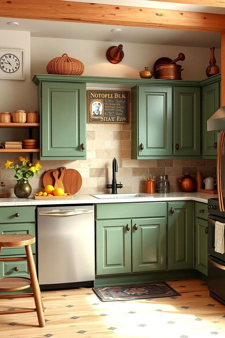 Rustic Charm with Green Cabinets and Copper Accents - 24 Green and Copper Kitchen Ideas