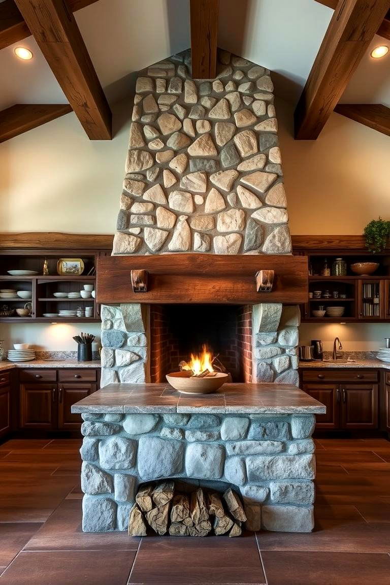 Rustic Charm with Stone Fireplace - 24 Kitchens With Fireplaces