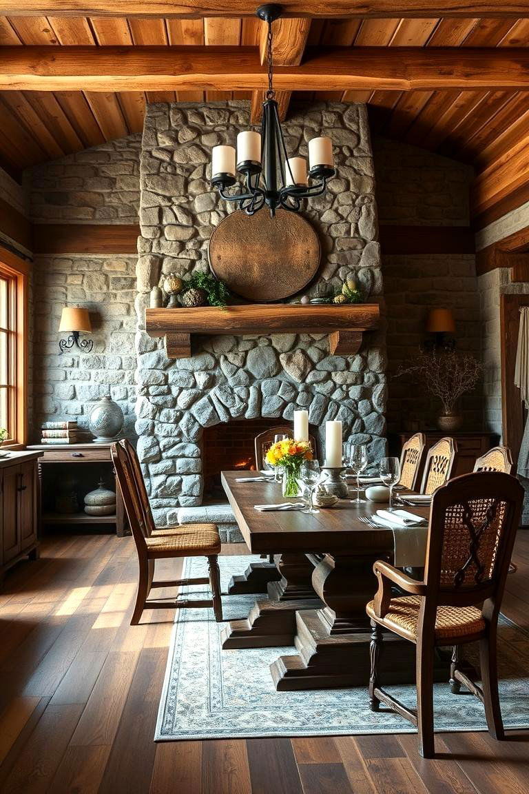 Rustic Charm with Stone Fireplace - 24 Dining Room With Fireplace Ideas