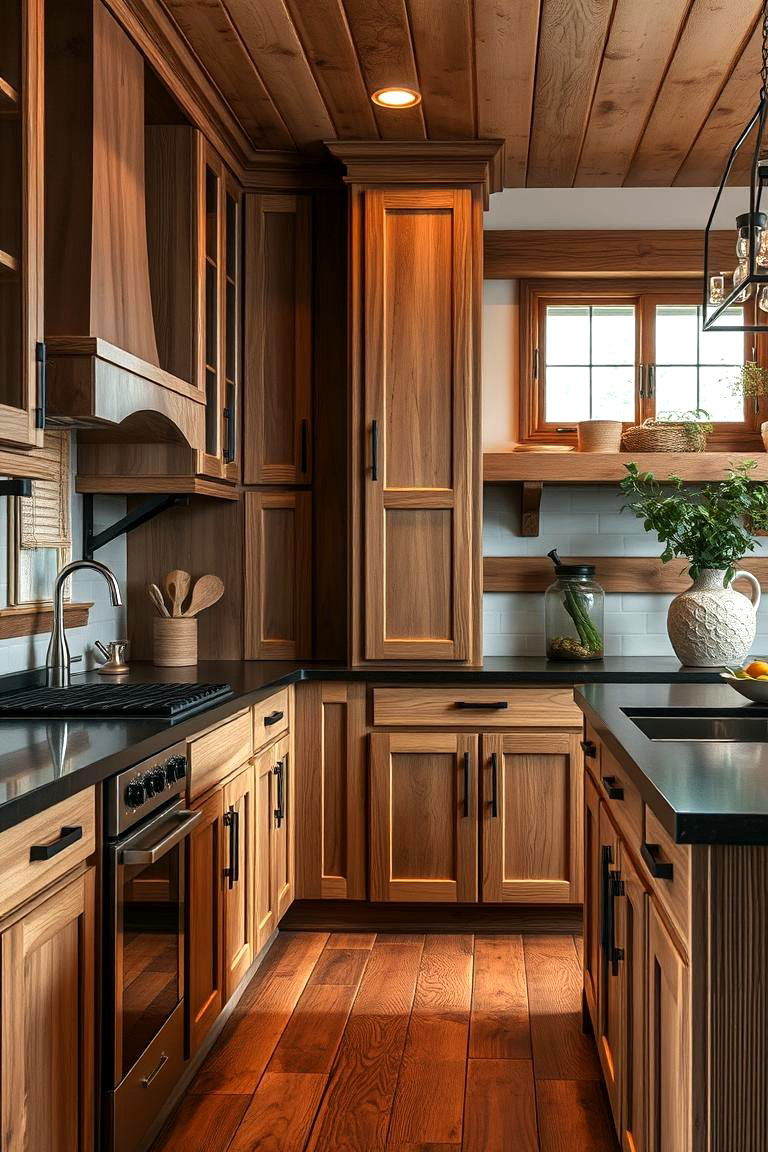 Rustic Charm with a Modern Twist - 24 Brown Kitchen Cabinets With Black Countertops