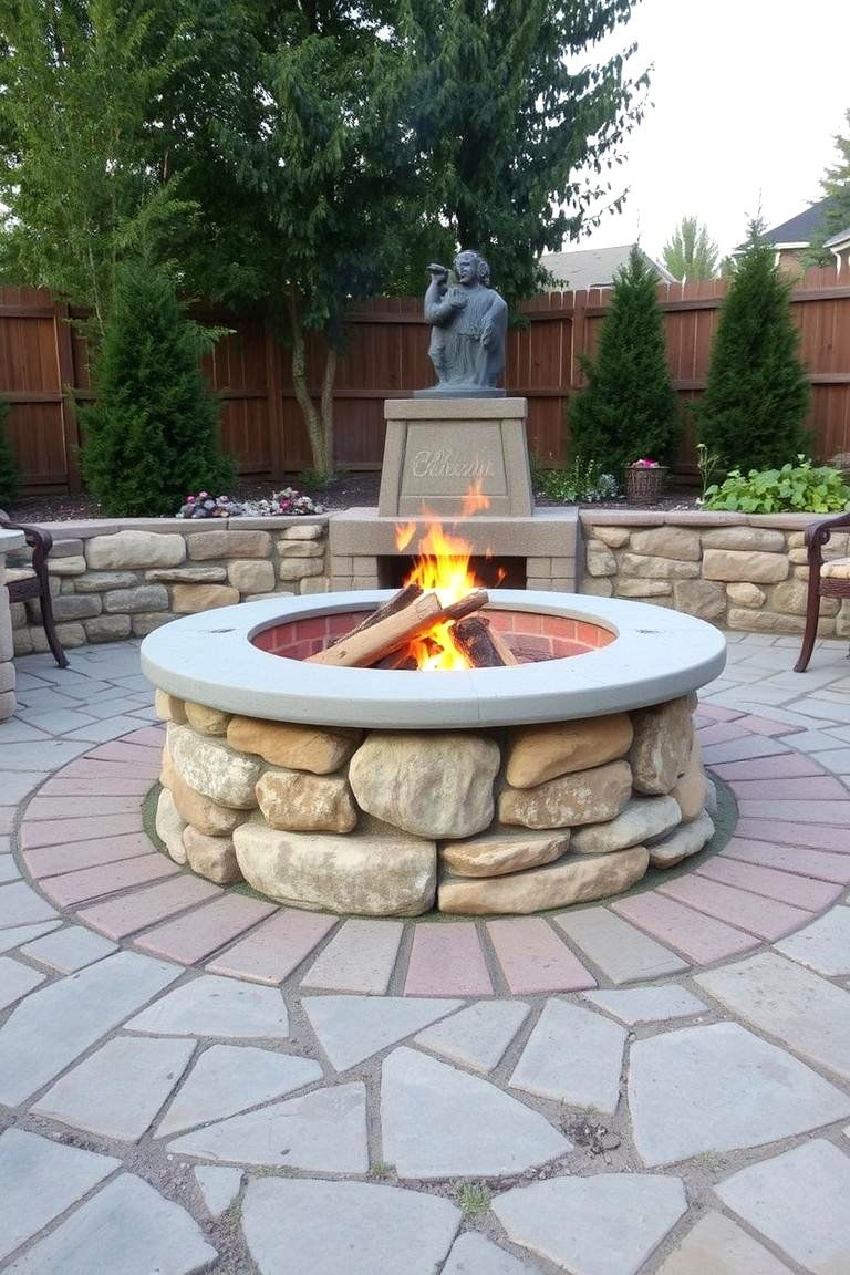 Rustic Concrete Paver Fire Pit with Stone Accents - 24 Concrete Paver Patio Fire Pit Ideas