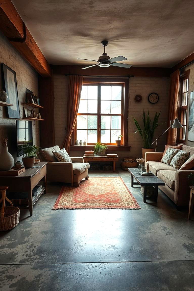 Rustic Concrete with Warm Elements - 24 Concrete Floor Living Room Ideas