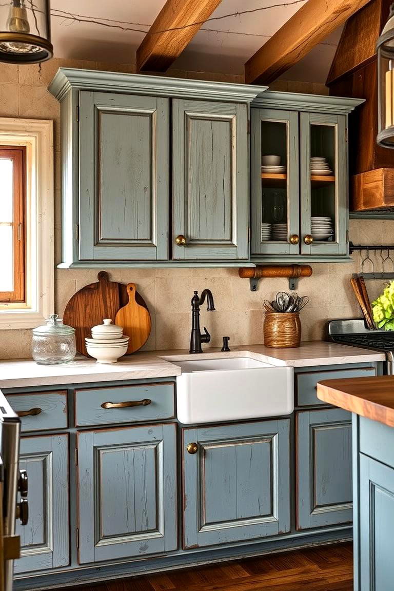 Rustic Country Elegance - 24 blue kitchen cabinets with gold hardware