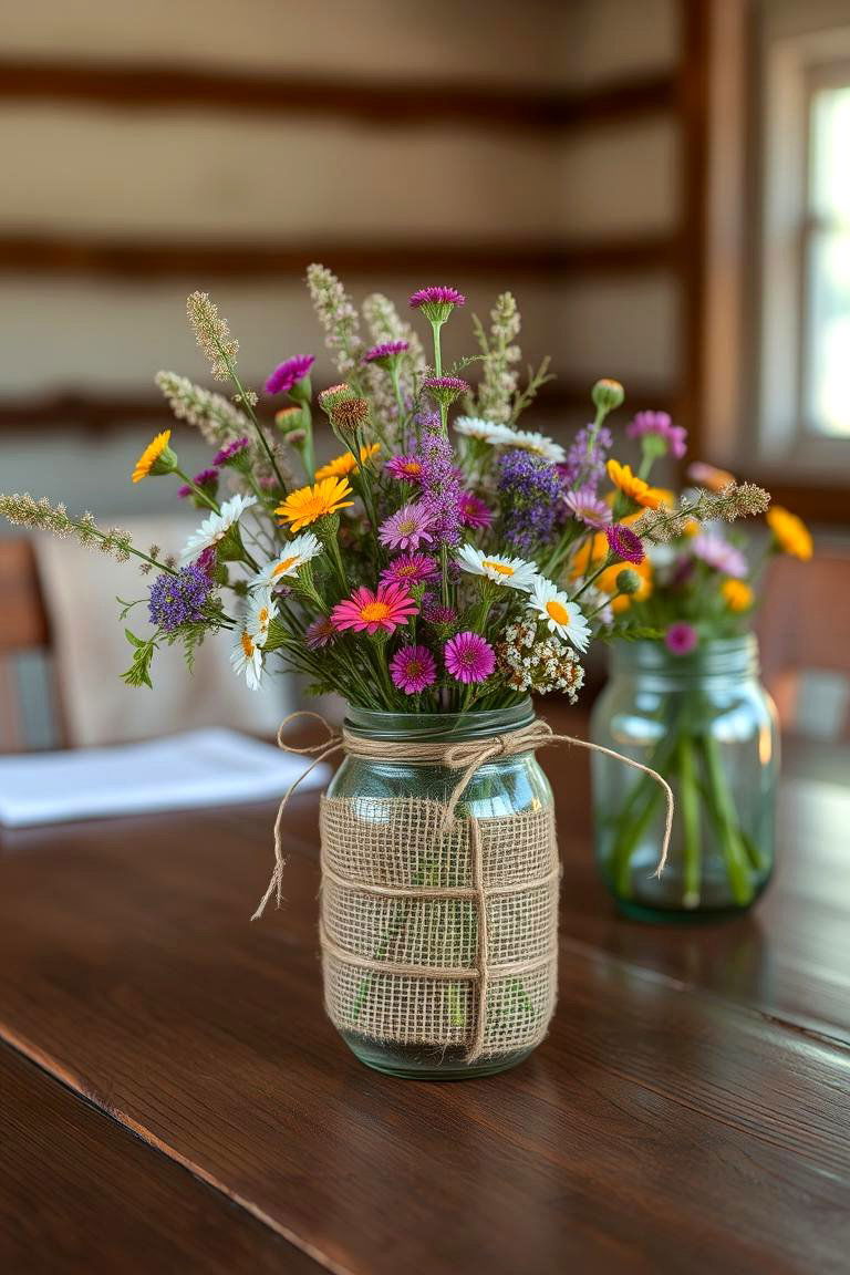 Rustic Elegance Wildflowers and Burlap Charm - 24 Mason Jar Wedding Centerpieces