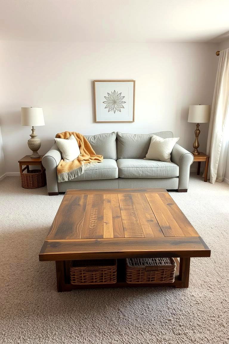 Rustic Elements for Warmth with Grey Carpet - 24 grey carpet living room ideas