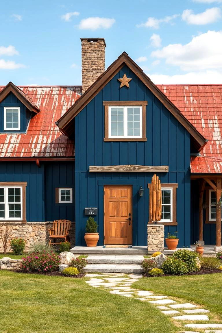 Rustic Farmhouse Vibe - 24 blue exterior home with a brown roof ideas