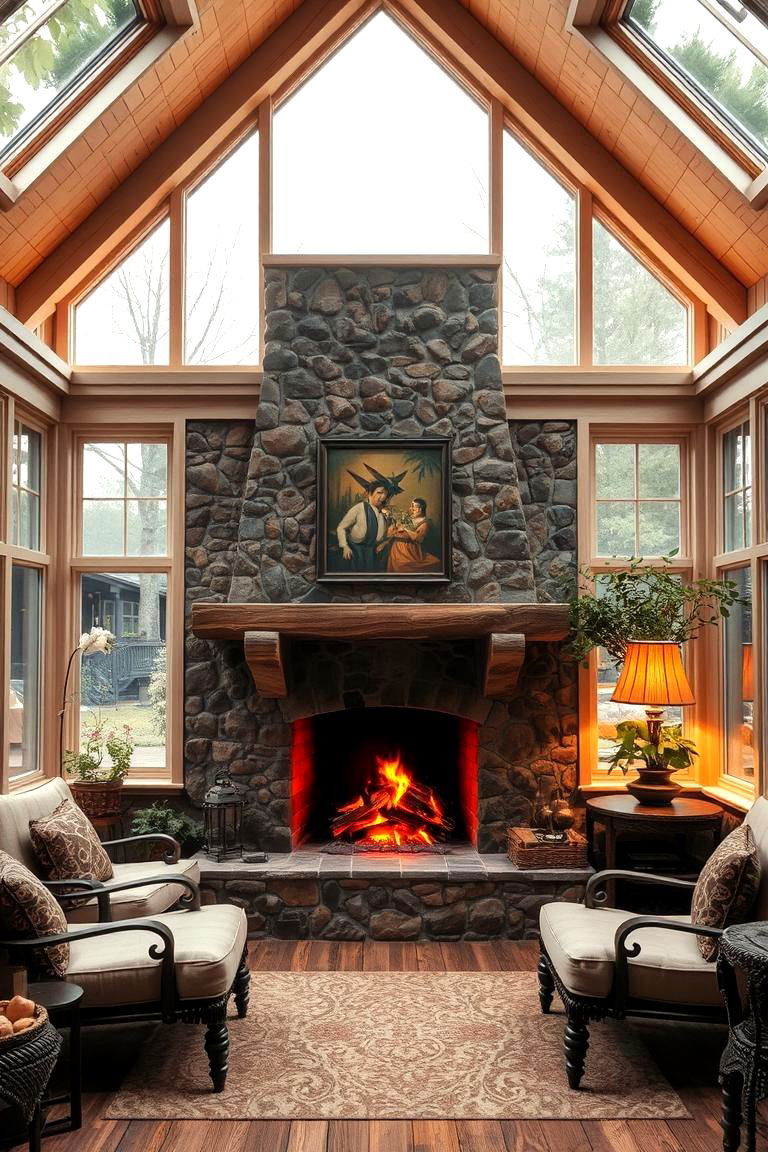 Rustic Fireplace Feature - 24 Rustic Sunroom Ideas