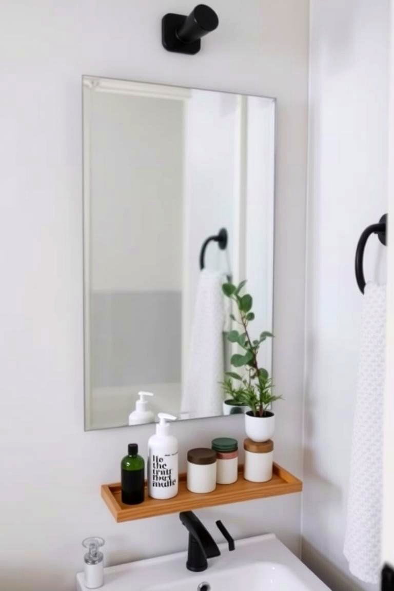Rustic Frameless Mirrors with Shelf - 24 Farmhouse Bathroom Mirrors Ideas