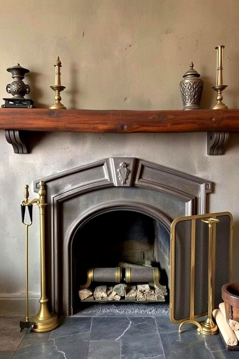 Rustic French Fireplace with Brass Accents - 24 French Country Fireplace Ideas