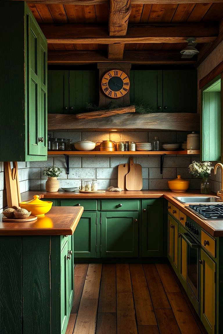 Rustic Green Wooden Elements with Yellow Finishes - 24 Green and Yellow Kitchen Ideas