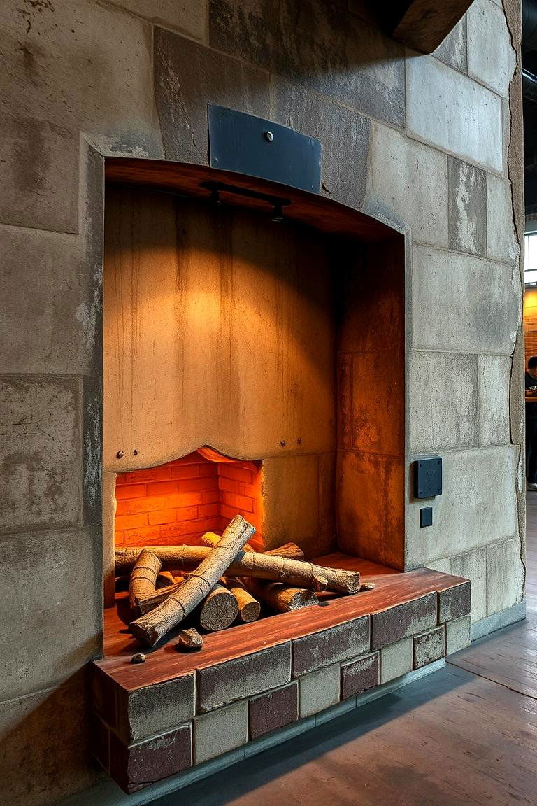 Rustic Industrial Concrete Hearth - 24 Concrete Fireplace Ideas