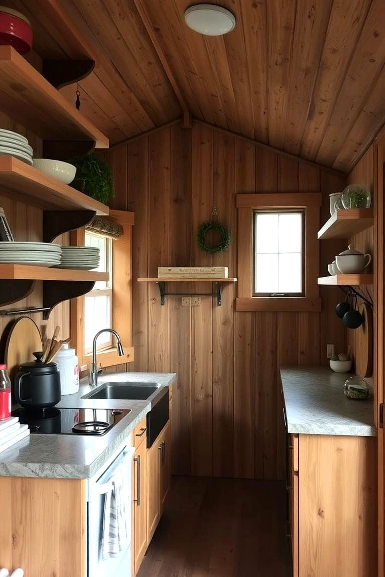 Rustic Kitchen with Open Shelving - 24 Rustic Tiny House Ideas