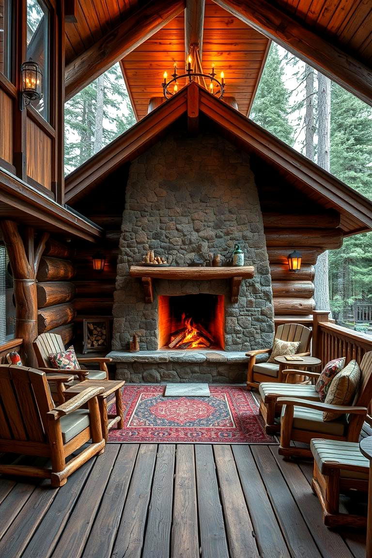 Rustic Lodge Natures Embrace - 24 Covered Deck With Fireplace Ideas